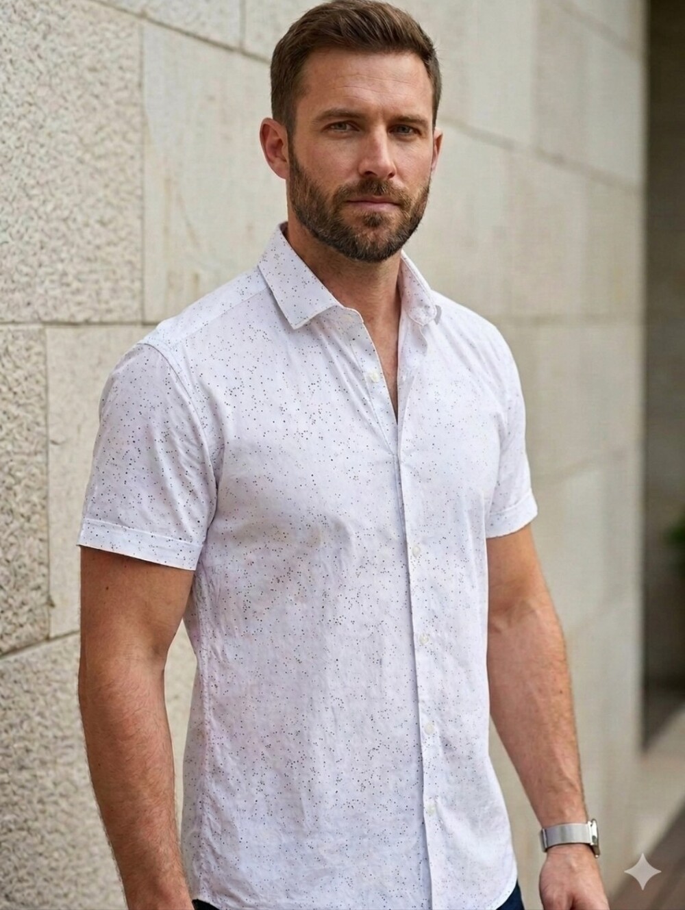 White Short-Sleeve Button-Up Shirt with Black Speck Print